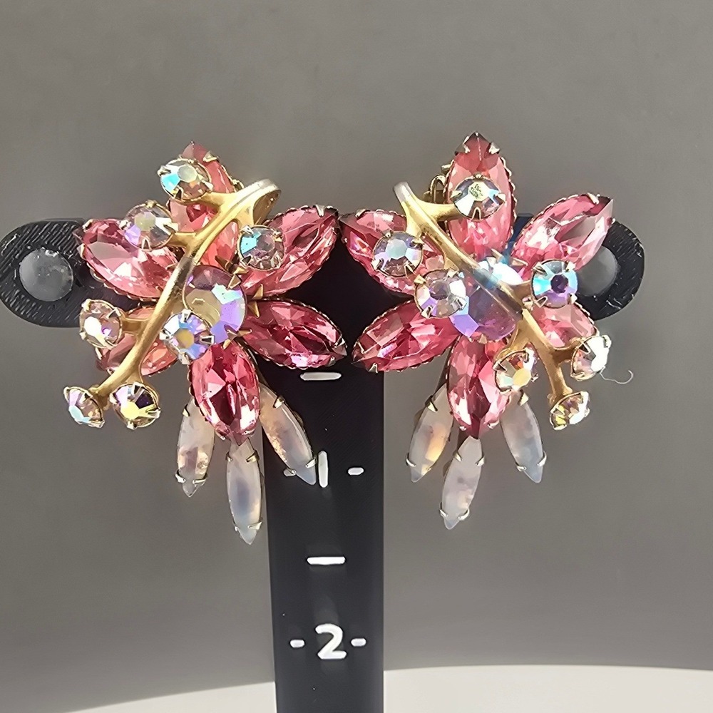 Vintage Estate Rhinestone Clip On Earrings Pink AB Floral Marquise 1.75in